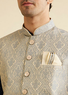 alt message - Manyavar Men Dark Grey Medallion Patterned Nehru Jacket image number 1